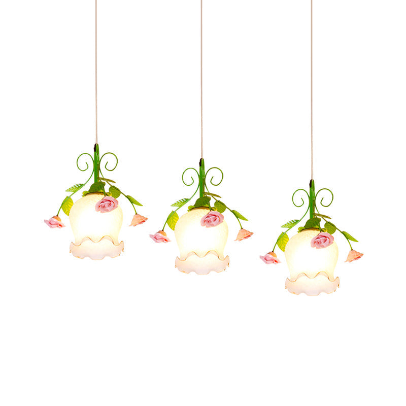 Green Opal Glass Cluster Pendant With Ruffle Detail - Ideal For Dining Rooms 3 Lights And Your