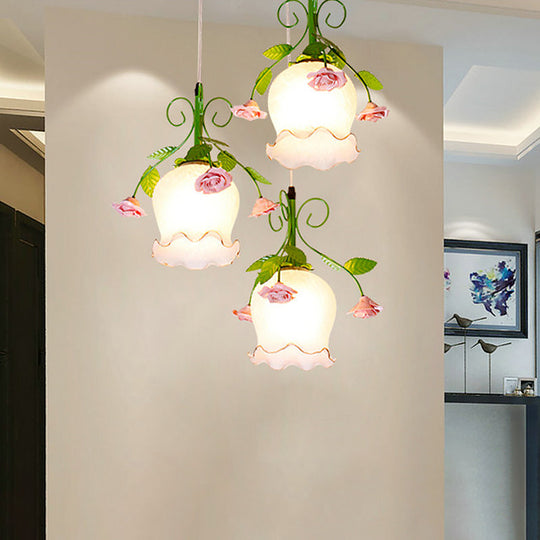 Green Opal Glass Cluster Pendant With Ruffle Detail - Ideal For Dining Rooms 3 Lights And Your