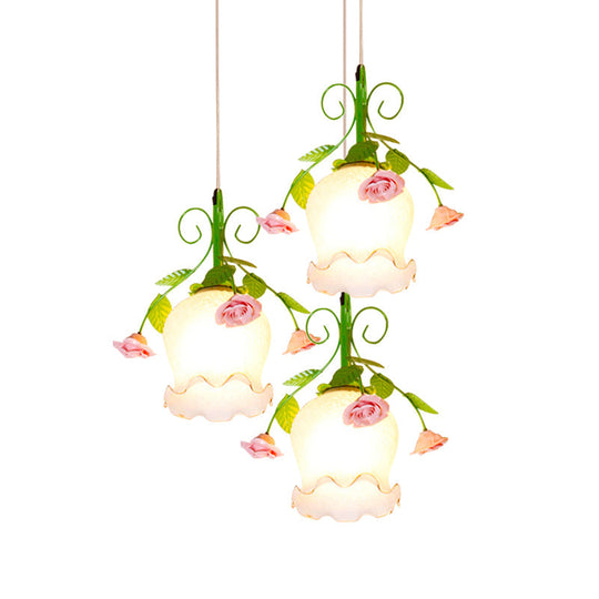 Green Opal Glass Cluster Pendant With Ruffle Detail - Ideal For Dining Rooms 3 Lights And Your