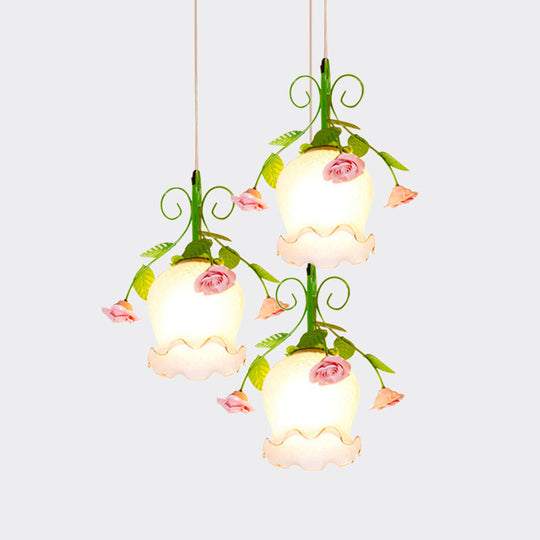 Green Opal Glass Cluster Pendant With Ruffle Detail - Ideal For Dining Rooms 3 Lights And Your