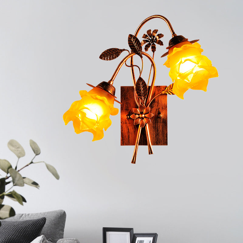 American Garden 2-Head Amber Glass Flower Wall Lamp With Rust Bent Arm - Bedroom Sconce Light