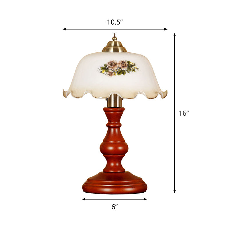 Countryside Wood Baluster Night Light - Red Brown Lounge Table Lamp With Opal Glass Lampshade