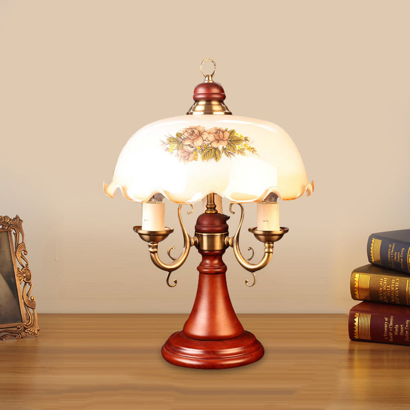 American Flower Wooden Table Lamp With Wide Bowl Glass Shade - Red Brown