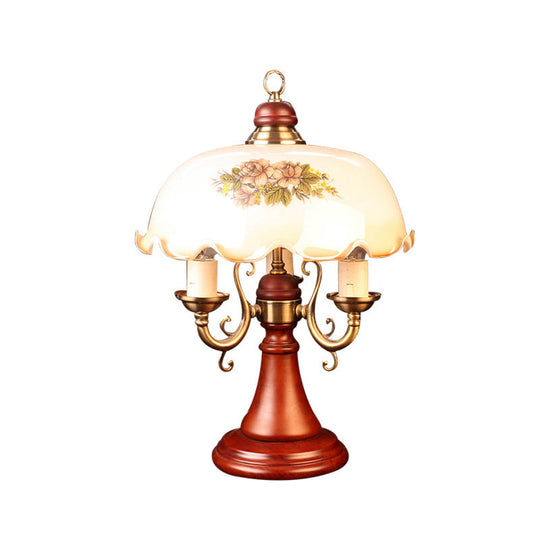 American Flower Wooden Table Lamp With Wide Bowl Glass Shade - Red Brown