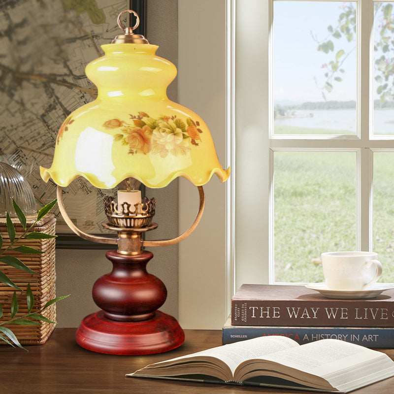 Rustic Ruffle-Brim Gourd Night Lamp With Yellow Patterned Glass - Red Brown Table Lighting