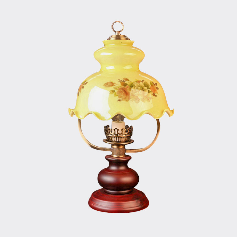 Rustic Ruffle-Brim Gourd Night Lamp With Yellow Patterned Glass - Red Brown Table Lighting