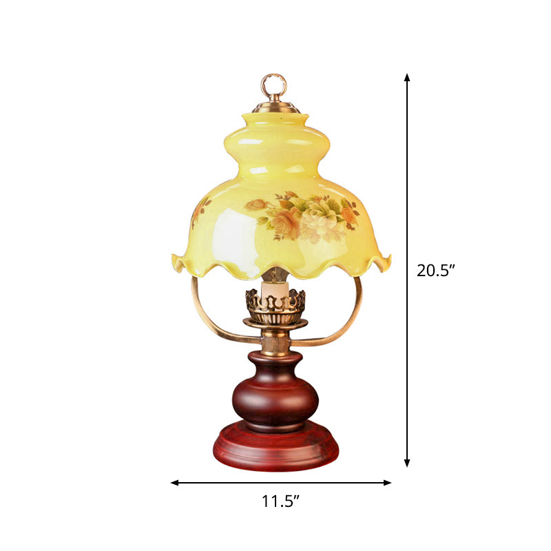 Rustic Ruffle-Brim Gourd Night Lamp With Yellow Patterned Glass - Red Brown Table Lighting