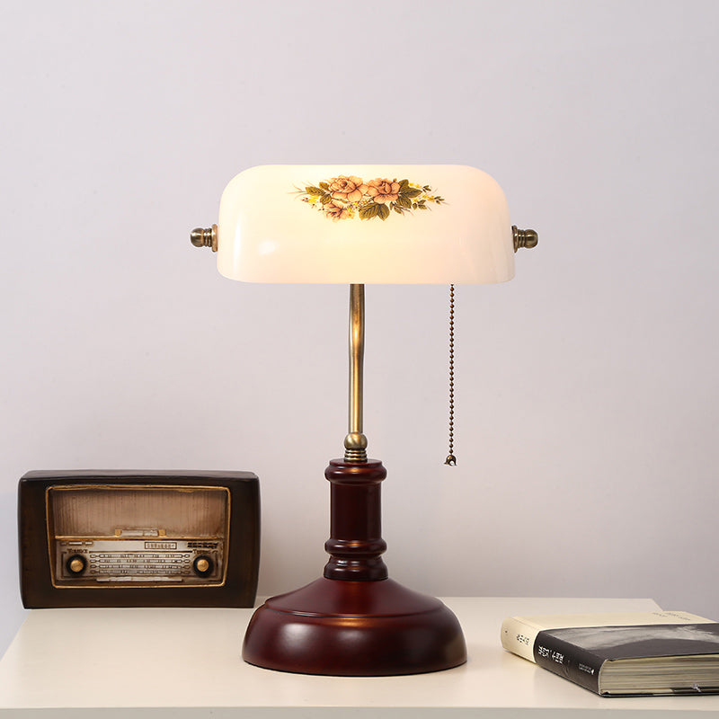 Pastoral Style White Glass Pull-Chain Table Lamp For Bedside