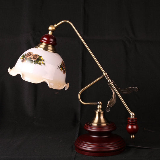 Retro Ruffled Bowl Table Light With White Glass Night Lamp And Gold-Red Brown Lever Arm