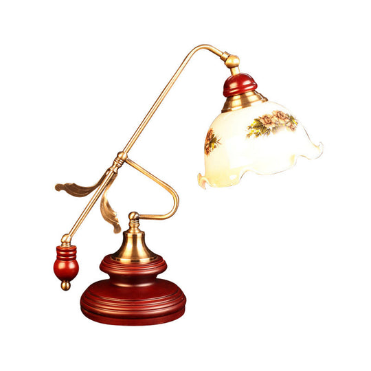 Retro Ruffled Bowl Table Light With White Glass Night Lamp And Gold-Red Brown Lever Arm