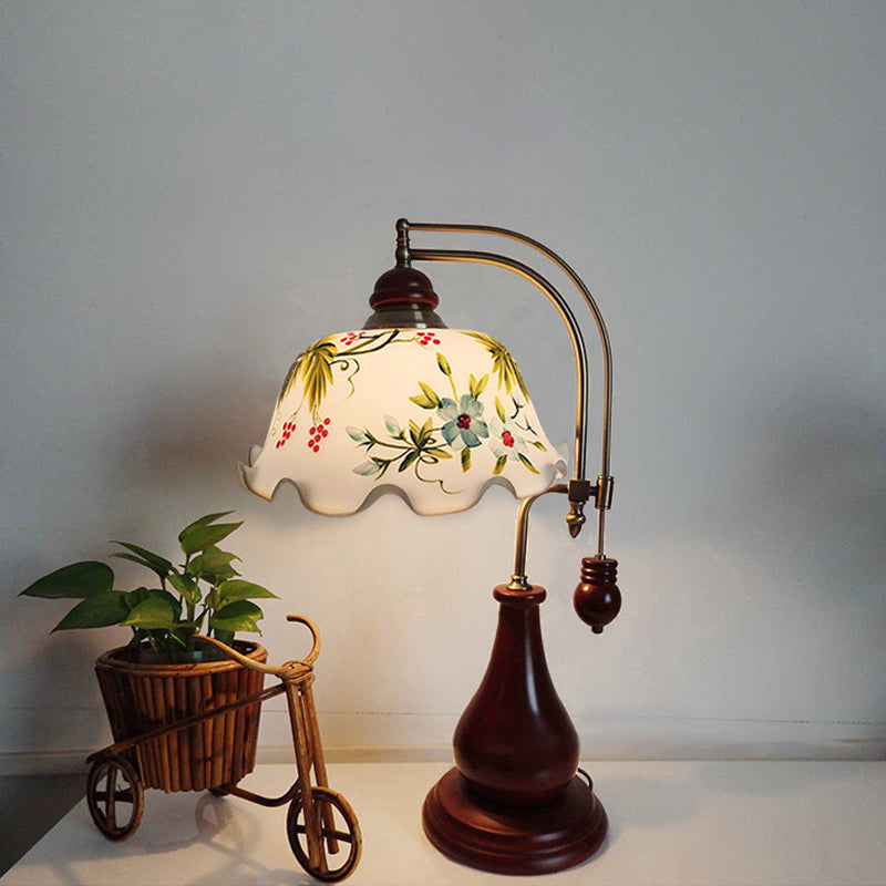 Red Brown Wood Nightstand Lamp - Single Curving Pastoral Table Light With Stained Glass Shade