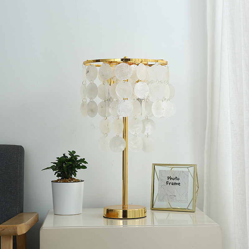 Modern Shell Table Lamp - White Nightstand Light With Gold Rod Arm