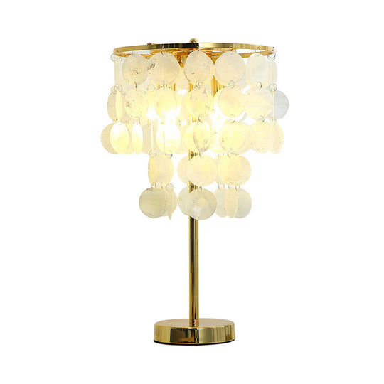 Modern Shell Table Lamp - White Nightstand Light With Gold Rod Arm