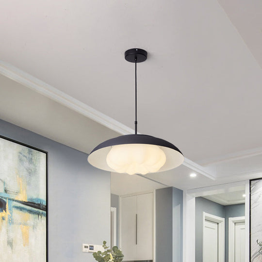 Black/Blue Macaron Wide Bowl Pendant Light With Inner Round Shade - Iron Dining Table Suspension