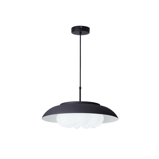 Macaron Wide Bowl Pendant Light - Black/Blue Iron Suspension Lamp with Inner Round Shade for Dining Table