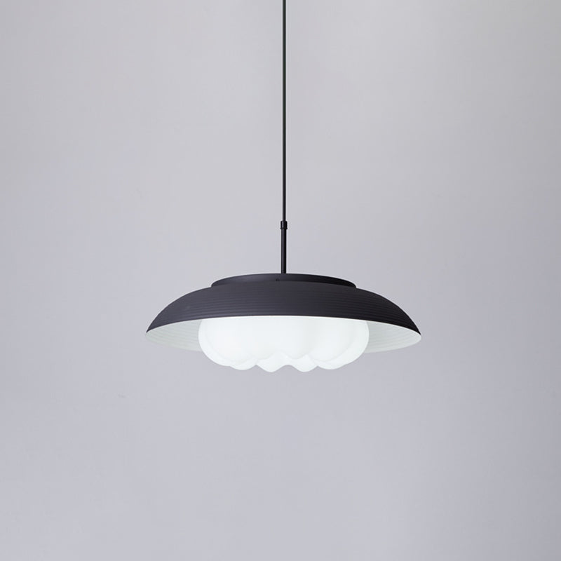 Black/Blue Macaron Wide Bowl Pendant Light With Inner Round Shade - Iron Dining Table Suspension