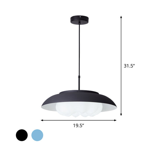 Macaron Wide Bowl Pendant Light - Black/Blue Iron Suspension Lamp with Inner Round Shade for Dining Table