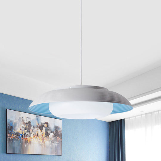 Macaron Wide Bowl Pendant Light - Black/Blue Iron Suspension Lamp with Inner Round Shade for Dining Table