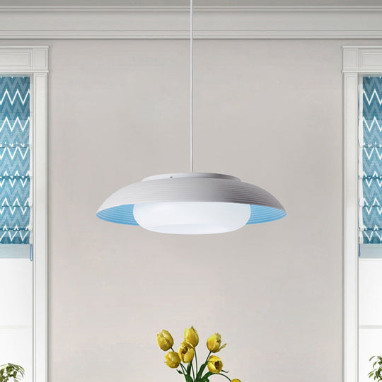 Macaron Wide Bowl Pendant Light - Black/Blue Iron Suspension Lamp with Inner Round Shade for Dining Table