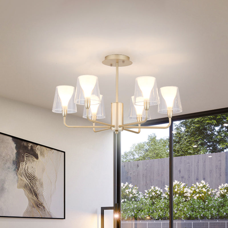 Contemporary Gold Tapered Chandelier 6 Light Acrylic Pendant With Frosted Cone Insert For Dining