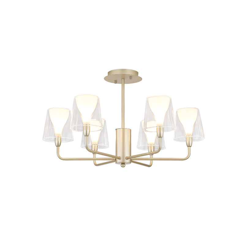 Contemporary Gold Tapered Chandelier 6 Light Acrylic Pendant With Frosted Cone Insert For Dining