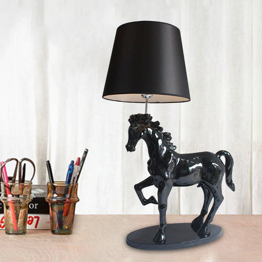 Retro Resin Single Bedside Table Lamp With Black Steed Nightstand Light & Cone Fabric Shade