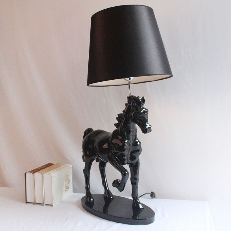 Retro Resin Single Bedside Table Lamp With Black Steed Nightstand Light & Cone Fabric Shade