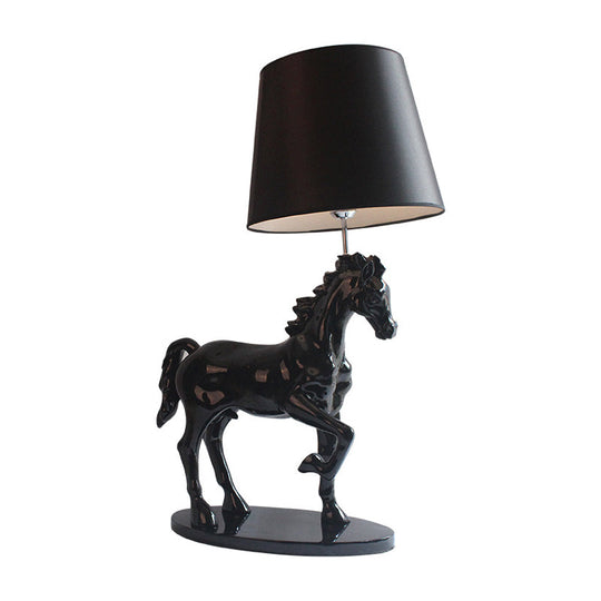 Retro Resin Single Bedside Table Lamp With Black Steed Nightstand Light & Cone Fabric Shade