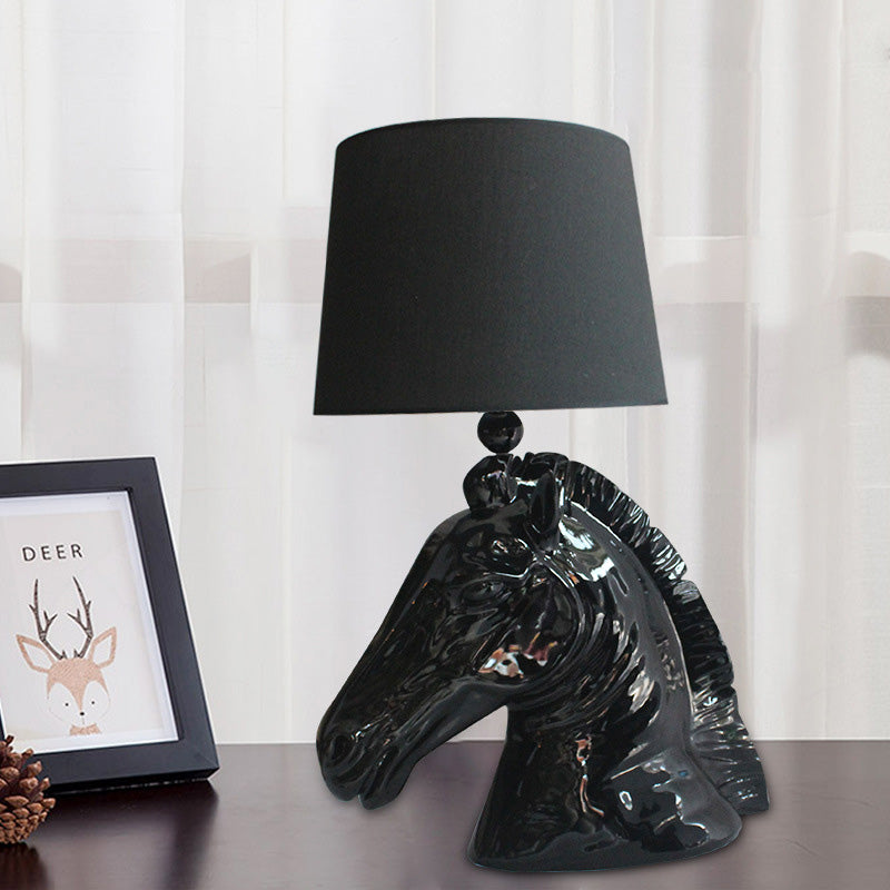 14/18 Wide Vintage 1-Light Table Lamp With Tapered Fabric Shade And Horse Head Base In Black