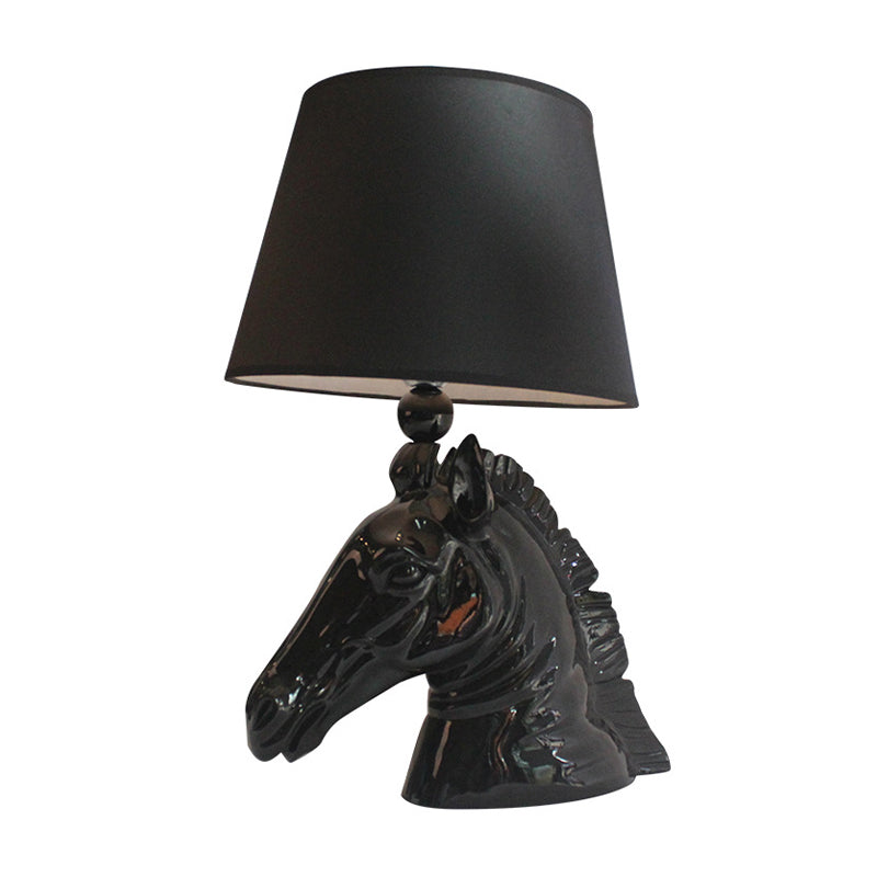 14/18 Wide Vintage 1-Light Table Lamp With Tapered Fabric Shade And Horse Head Base In Black