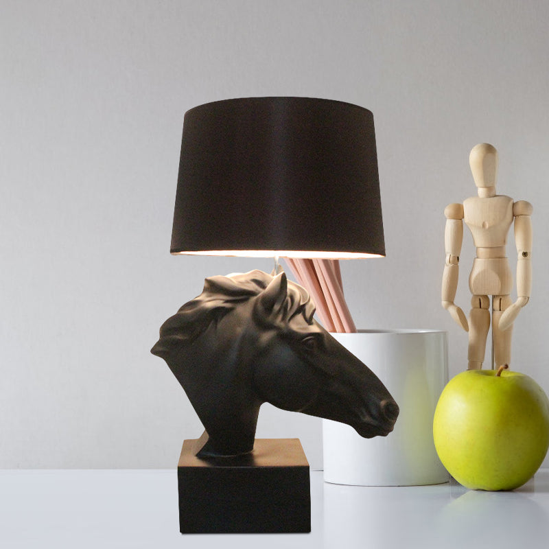 Country Style Black Fabric Table Lamp With Steed Head Base - Tapering Parlor Night Light