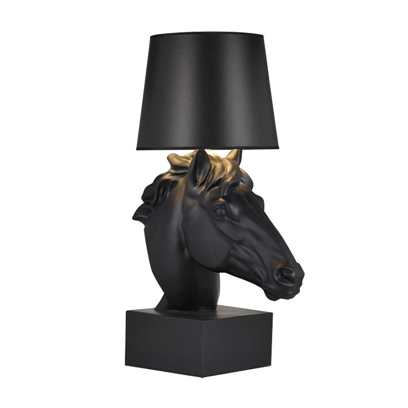 Country Style Black Fabric Table Lamp With Steed Head Base - Tapering Parlor Night Light