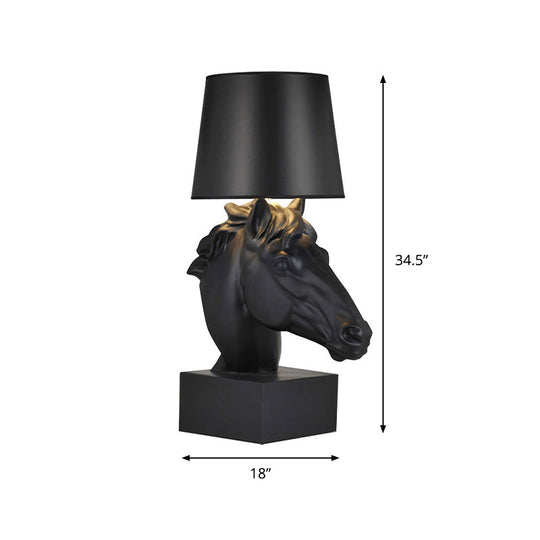 Country Style Black Fabric Table Lamp With Steed Head Base - Tapering Parlor Night Light