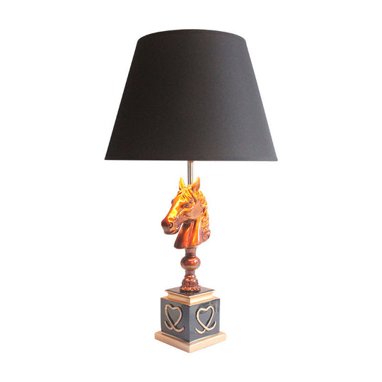 Conical Fabric Night Light With Horse Head Stand - Countryside Single Bedroom Table Lighting In