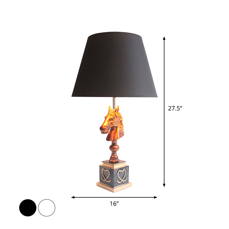 Conical Fabric Night Light With Horse Head Stand - Countryside Single Bedroom Table Lighting In