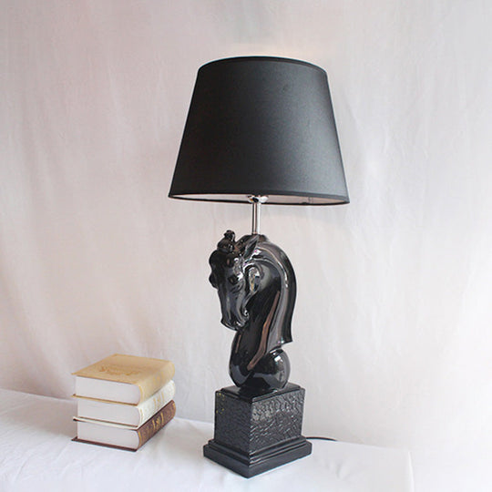 Steed Head Night Lamp With Resin Black/White Rural Design Cone Fabric Shade And Single Bulb Black