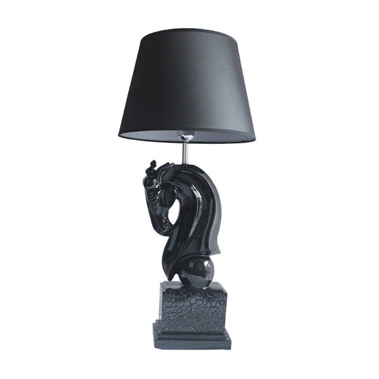 Steed Head Night Lamp With Resin Black/White Rural Design Cone Fabric Shade And Single Bulb