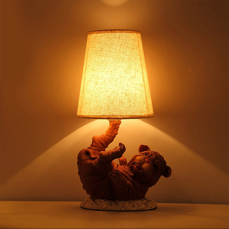 Rustic Shar-Pei Dog Table Lamp - Brown Resin Cone Fabric Shade