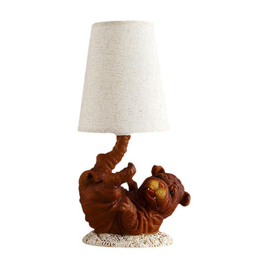 Rustic Shar-Pei Dog Table Lamp - Brown Resin Cone Fabric Shade