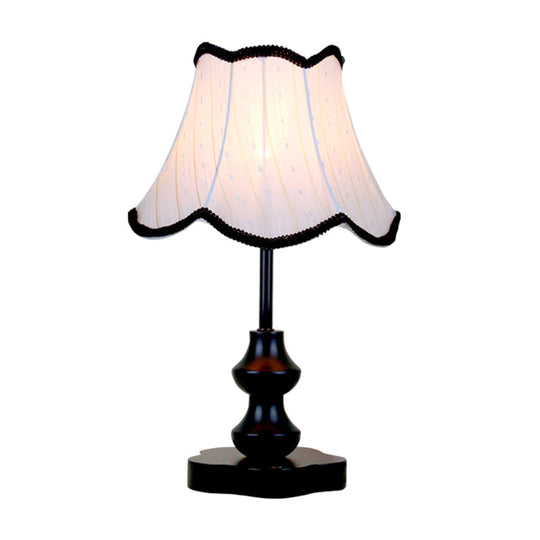 Traditional Flared Night Lamp With Fabric Shade And Scalloped Trim - Black