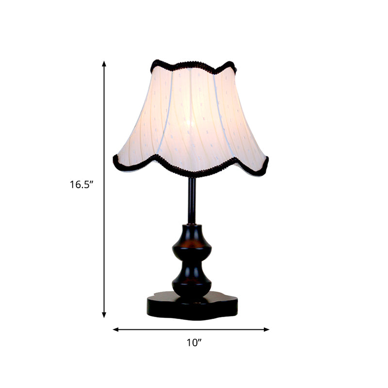 Traditional Flared Night Lamp With Fabric Shade And Scalloped Trim - Black