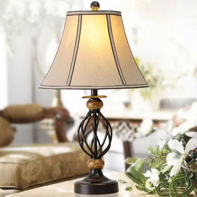 Cozy Countryside Flare Fabric Table Lamp With Swirled Black Cage Base - Perfect Night Light For