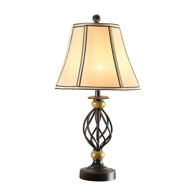 Cozy Countryside Flare Fabric Table Lamp With Swirled Black Cage Base - Perfect Night Light For