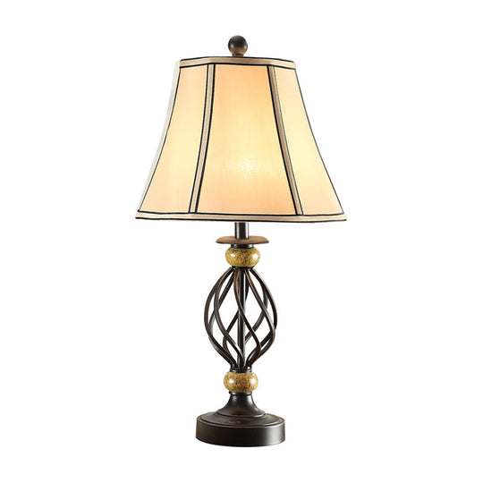 Cozy Countryside Flare Fabric Table Lamp With Swirled Black Cage Base - Perfect Night Light For