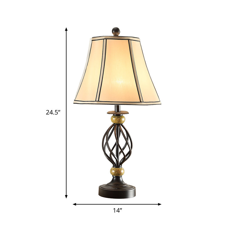 Cozy Countryside Flare Fabric Table Lamp With Swirled Black Cage Base - Perfect Night Light For