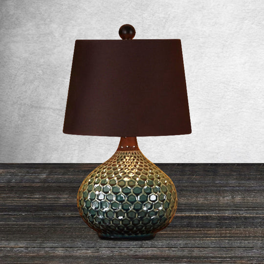 Retro Tapered Drum Fabric Night Lamp - 1-Light Living Room Table Light In White/Coffee With Onion