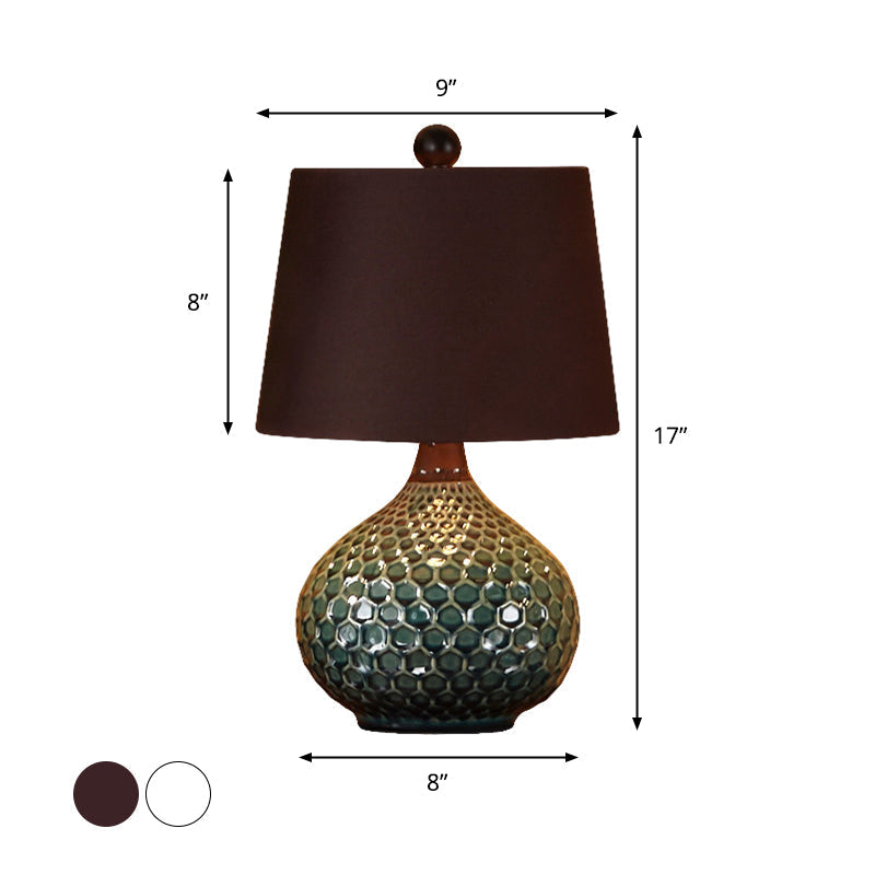 Retro Tapered Drum Fabric Night Lamp - 1-Light Living Room Table Light In White/Coffee With Onion