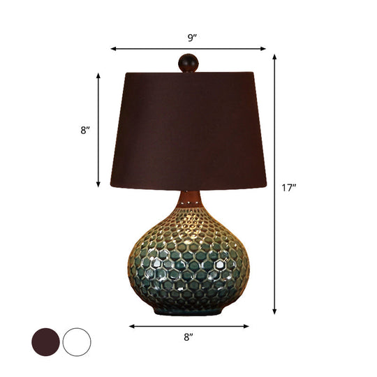 Retro Tapered Drum Fabric Night Lamp - 1-Light Living Room Table Light In White/Coffee With Onion