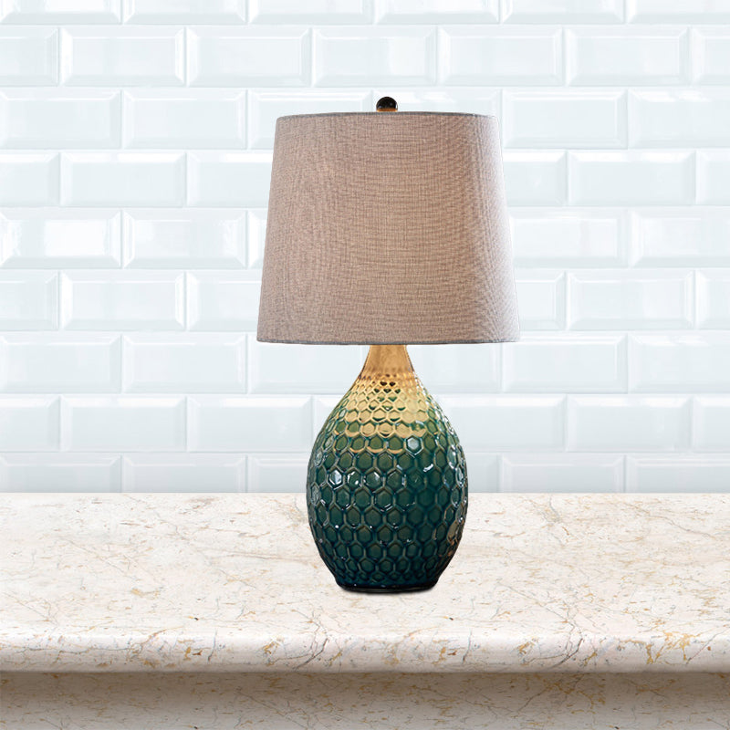 Rustic Silver Grey/Beige Barrel Table Lamp With Ceramic Pedestal