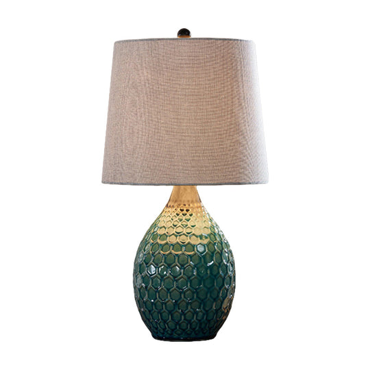 Rustic Silver Grey/Beige Barrel Table Lamp With Ceramic Pedestal